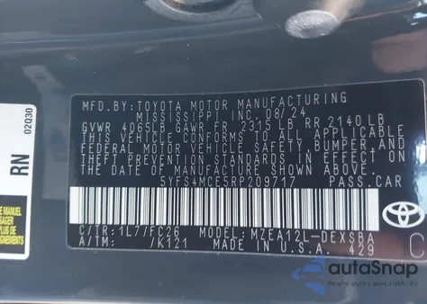 2024 Toyota Corolla Se из США, поврежденный, VIN 5YFS4MCE5RP209717